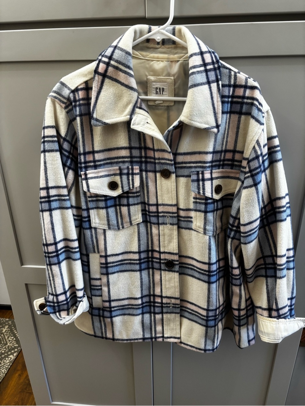 GAP Cream, Blue, Pink & Navy Plaid Flannel “Shacket”